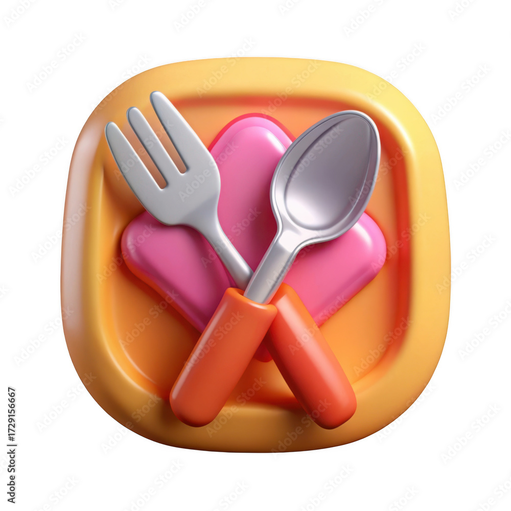 Fototapeta premium 3d rendered food app icon with fork and spoon on plate, restaurant menu design element, culinary symbol, isolated on transparent background