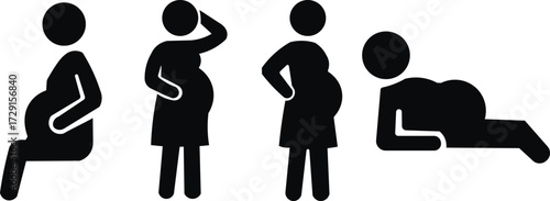 Pregnant woman poses icons set silhouette collection representing maternity stages and lifestyle vector