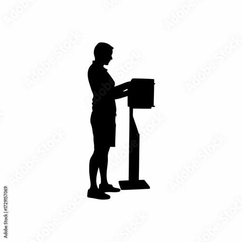 Poultry worker silhouette monitoring incubator isolated on white background