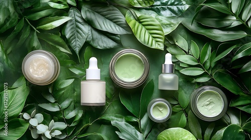 Natural skincare products arranged among lush green leaves isolated on white background