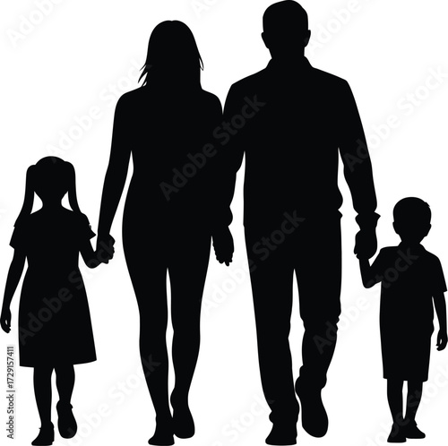 Black silhouette family walking together parents children