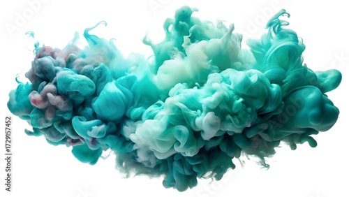 An abstract explosion of turquoise and blue ink or smoke swirling in water, creating a dynamic and ethereal cloud formation, isolated on a transparent background