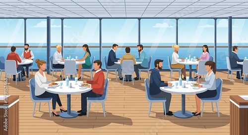 People Dining in a Restaurant with Ocean View.
