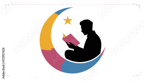 Serene silhouette of a person reading a book within a vibrant crescent moon and star motif, symbolizing knowledge and enlightenment.