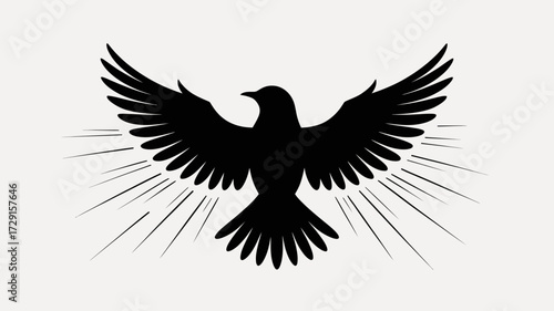 Elegant black silhouette of a soaring dove with radiating light, symbol of peace and hope for graphic design projects and spiritual themes, originally vector