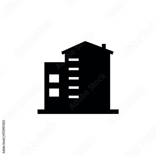 Black and White Building Icon Depicting a MultiStory Structure.