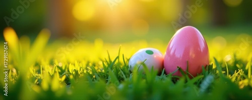 Golden hour light illuminates vibrant Easter eggs camouflaged amongst lush grass , grass, peaceful