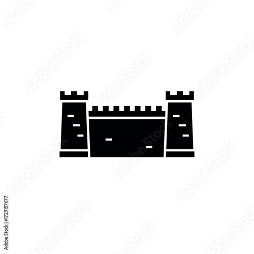 Black castle illustration with towers and battlements on white background.
