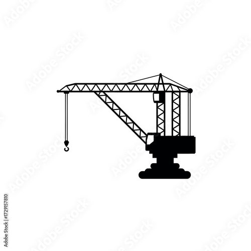 Construction crane silhouette against white background depicts heavy lifting.