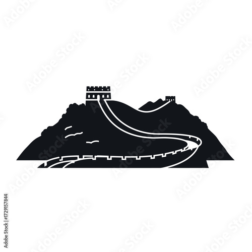 Great Wall of China silhouette on a mountain landscape.