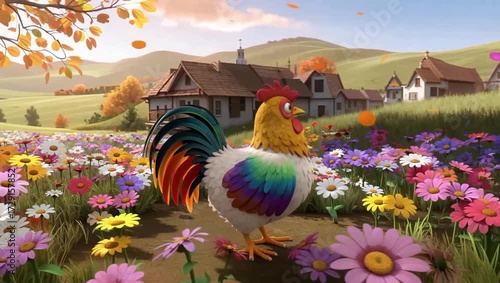 Dancing chicken in a countryside meadow full of flowers, cartoon rooster performing joyfully in a colorful rural scene perfect for children’s animation