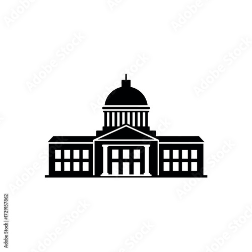 Elegant government building with a dome and columns in black and white.