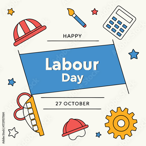 Happy Labour Day Celebration with Hats Calculator and Gear Symbols