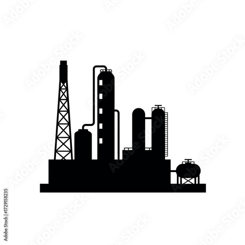Silhouette of an industrial refinery complex with towers and tanks.