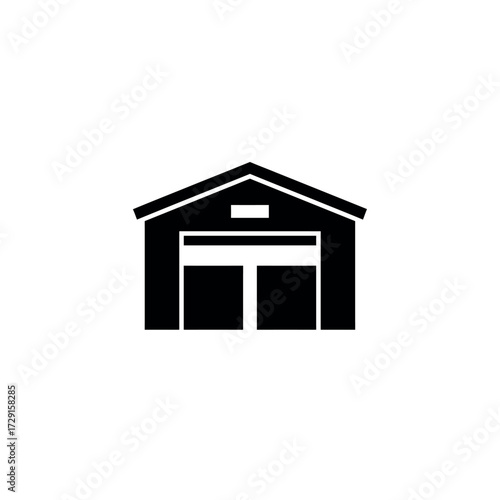 Simple black and white icon of a warehouse building with garage doors.