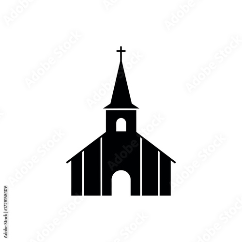 Simple black silhouette of a church with a steeple and cross.