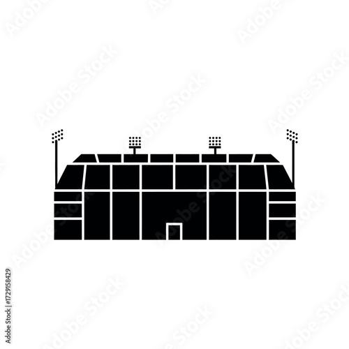 Simple black silhouette of a large sports stadium icon.