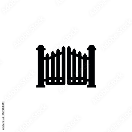 Simple black silhouette of a classic wooden picket gate.