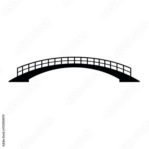 Simple black silhouette of an arched bridge with railings.