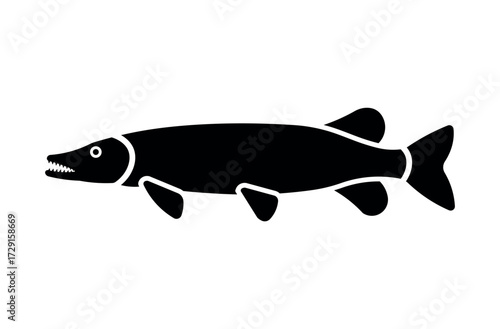 Pike Fish Silhouette - Predatory Freshwater Fish Icon for Fishing and Seafood Design