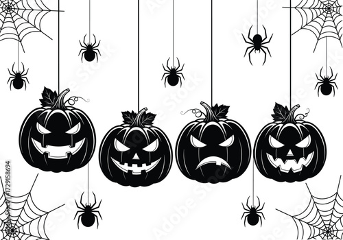 Black and white Halloween pumpkin illustration with carved jack o lantern faces, spooky spiders, hanging webs, creepy autumn decoration seasonal vector design