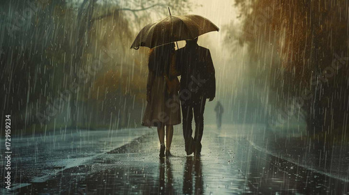 Romantic Couple Standing in the Rain Under an Umbrella