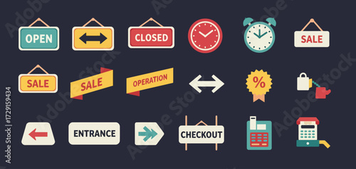 Collection of flat design retail and business icons against a dark background