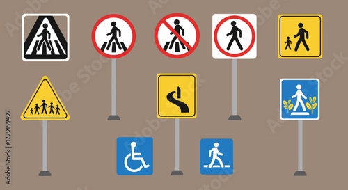 Collection of pedestrian and traffic regulatory signage icons on poles