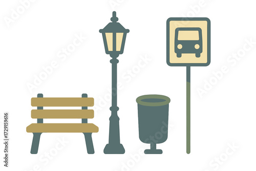 Urban street furniture collection featuring a park bench, classic lamppost, waste bin, and bus stop sign