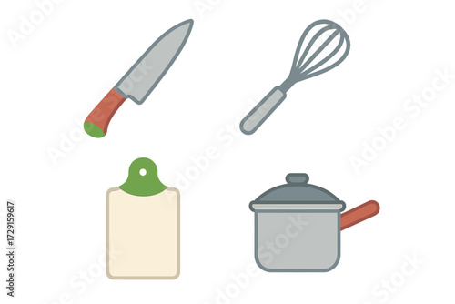 A set of kitchen tools and cookware, including a knife, whisk, cutting board, and cooking pot