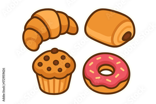 Assortment of delicious baked goods and sweet pastries including croissant chocolate pastry muffin and donut