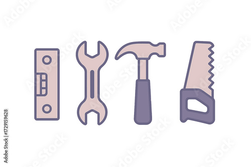 Collection of essential construction and repair tools featuring a spirit level, adjustable wrench, claw hammer, and hand saw for various DIY projects