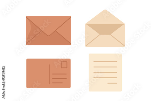 Collection of mail icons including closed envelope, open envelope, postcard, and letter for communication concepts