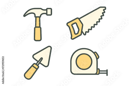 Collection of essential construction and repair hand tools including hammer, saw, trowel, and tape measure