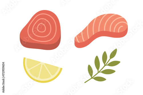 Fresh raw salmon and tuna fish steaks with a bright yellow lemon wedge and green herb sprig for healthy meal preparation