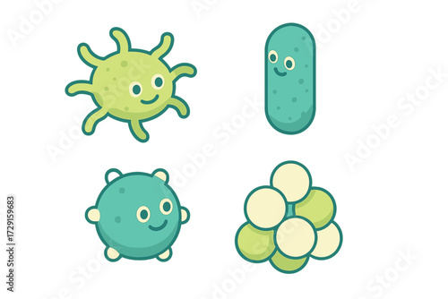 Cute cartoon microorganisms set with various shapes and friendly faces for biology concepts