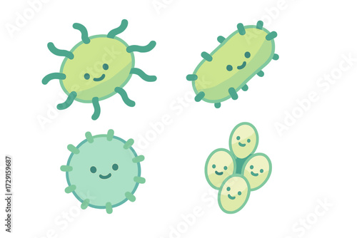 Collection of friendly cartoon microbes with happy faces, representing various types of bacteria and viruses