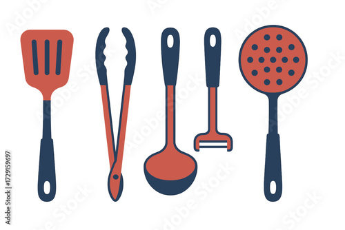 Various kitchen utensils for culinary tasks including spatula, tongs, ladle, peeler, and skimmer for food preparation