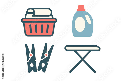 Essential household laundry items including a full basket, liquid detergent bottle, clothespins, and an ironing board