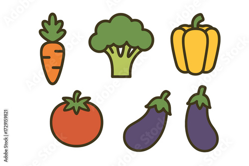 Colorful collection of fresh healthy organic vegetables including carrot broccoli bell pepper tomato and eggplant icons
