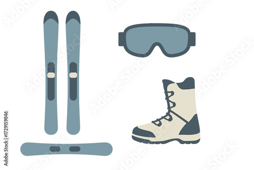 Winter sports equipment set featuring skis, snowboard, goggles, and a warm boot for cold weather activities