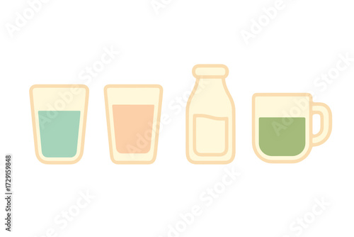 Minimalist graphic design of various refreshing beverages in different types of drinkware including glasses, a bottle, and a mug