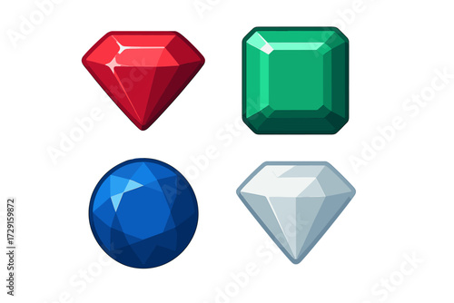 Assortment of vibrant faceted gemstones in various cuts and colors like red, green, blue, and white
