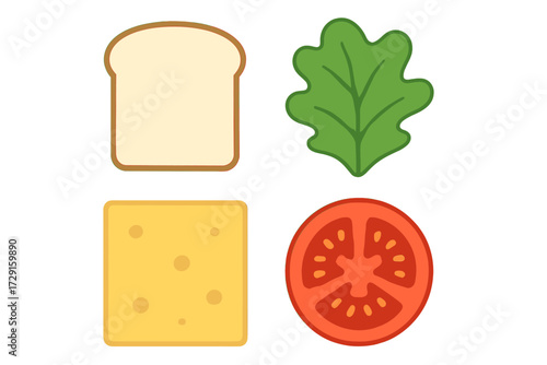 Assortment of fresh sandwich ingredients including bread, lettuce, cheese, and tomato slices for healthy meal preparation