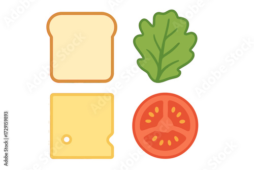 Assortment of fresh sandwich ingredients including bread, cheese, lettuce, and tomato slices for healthy meal preparation and cooking