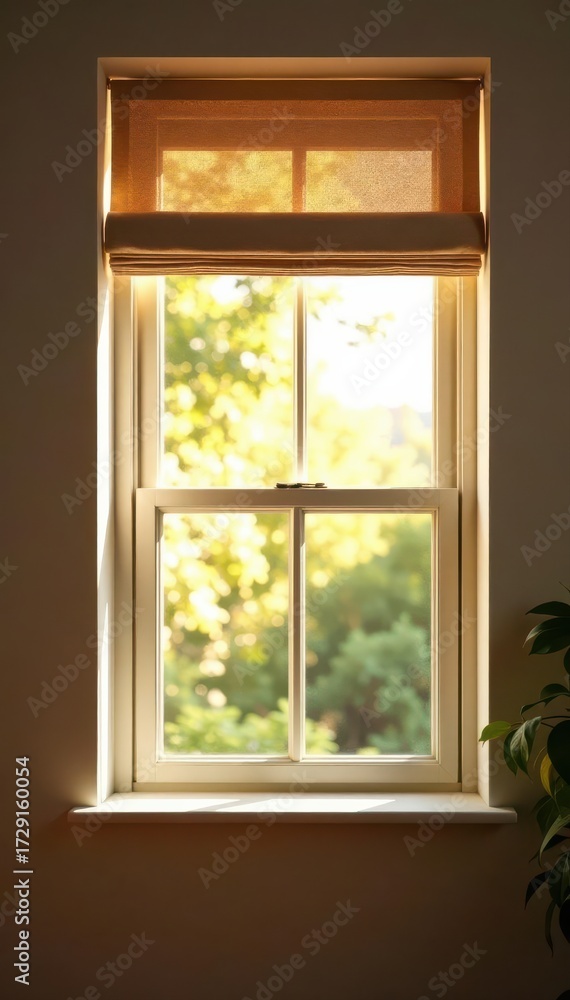Fototapeta premium Open window with raised roller blind, sunlight streaming in, window treatment, image
