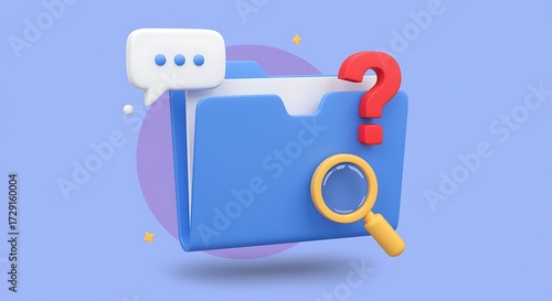 Blue Folder with Question Mark and Magnifying Glass Representing Information Retrieval and Problem Solving with Communication Bubble