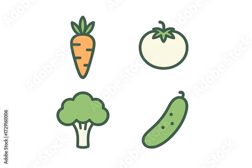 Assortment of fresh healthy vegetables including carrot, tomato, broccoli, and cucumber icons for nutrition and diet concepts