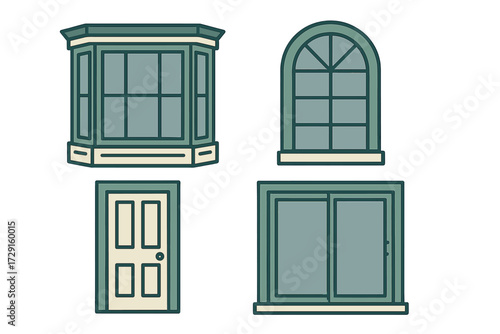 Architectural elements set with various window styles, classic door, and sliding glass panel