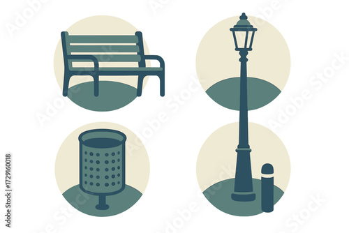 Set of public park and street furniture icons featuring bench, lamp post, trash can, and bollard elements